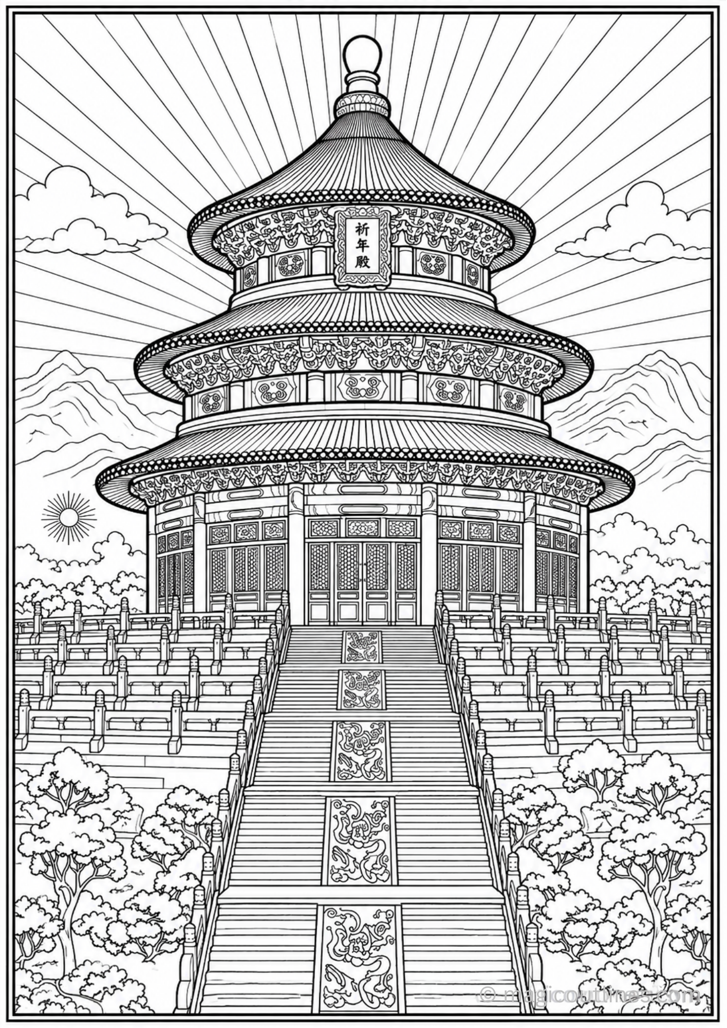 Temple of Heaven China printable coloring page with detailed Chinese temple architecture and stairs.