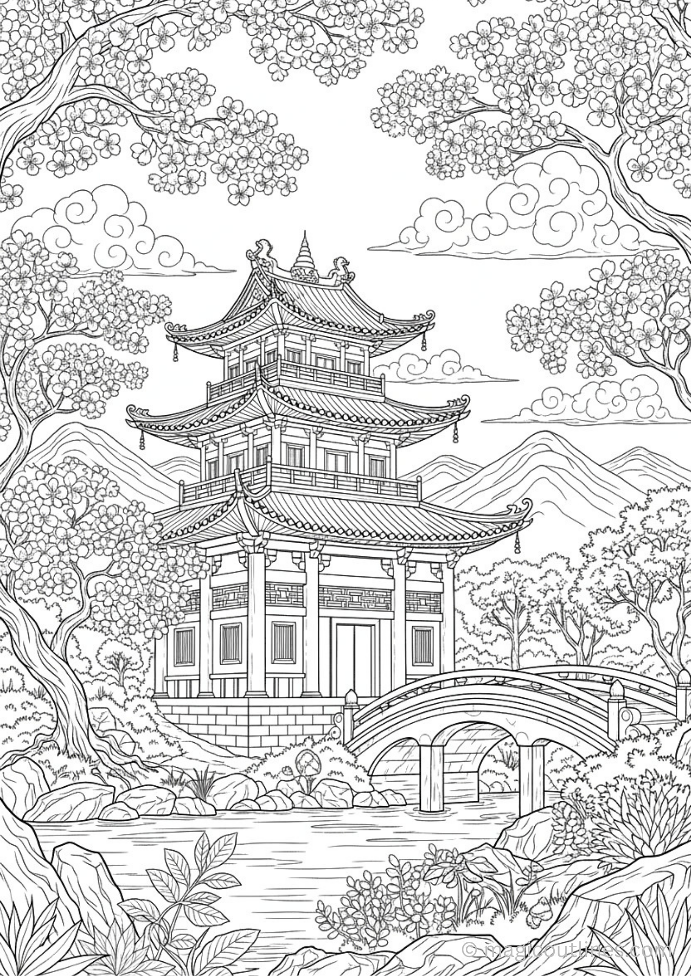 Chinese pavilion garden coloring page with bridge and trees