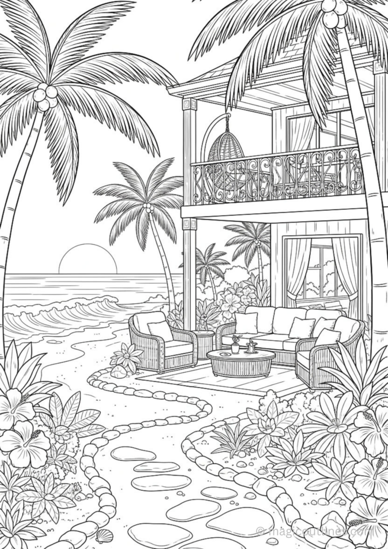 Tropical beach villa coloring page with palm trees, ocean waves, flowers, balcony seating, and printable line art.