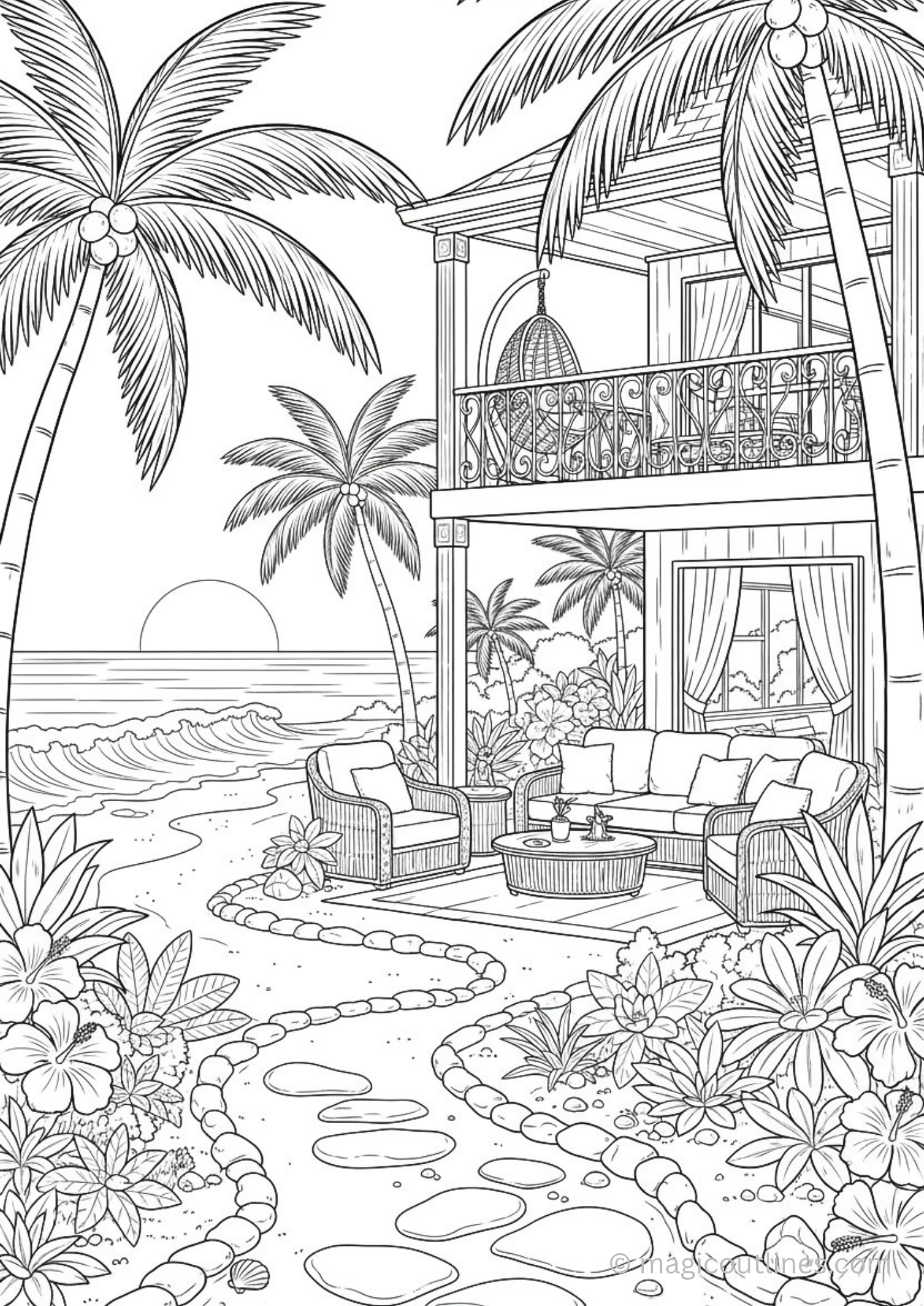 Tropical beach villa coloring page with palm trees, ocean waves, flowers, balcony seating, and printable line art.