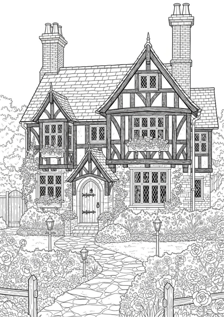 Tudor style cottage house coloring page with flower garden, stone pathway, and detailed printable line art.