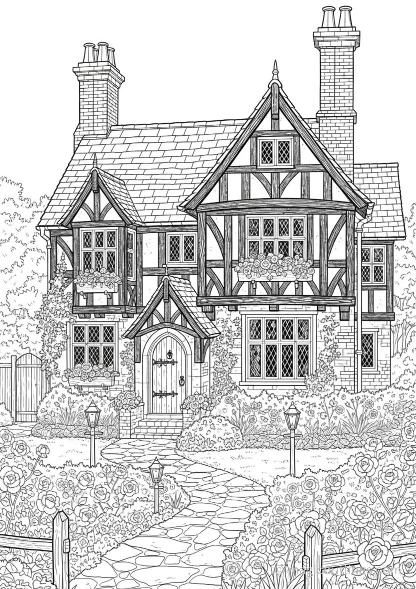 Tudor style cottage house coloring page with flower garden, stone pathway, and detailed printable line art.