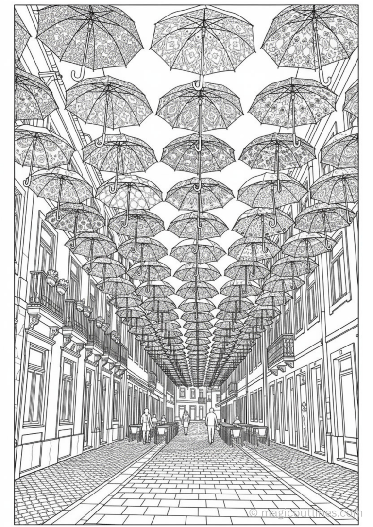 Umbrella street art coloring page with hanging umbrellas above a European street