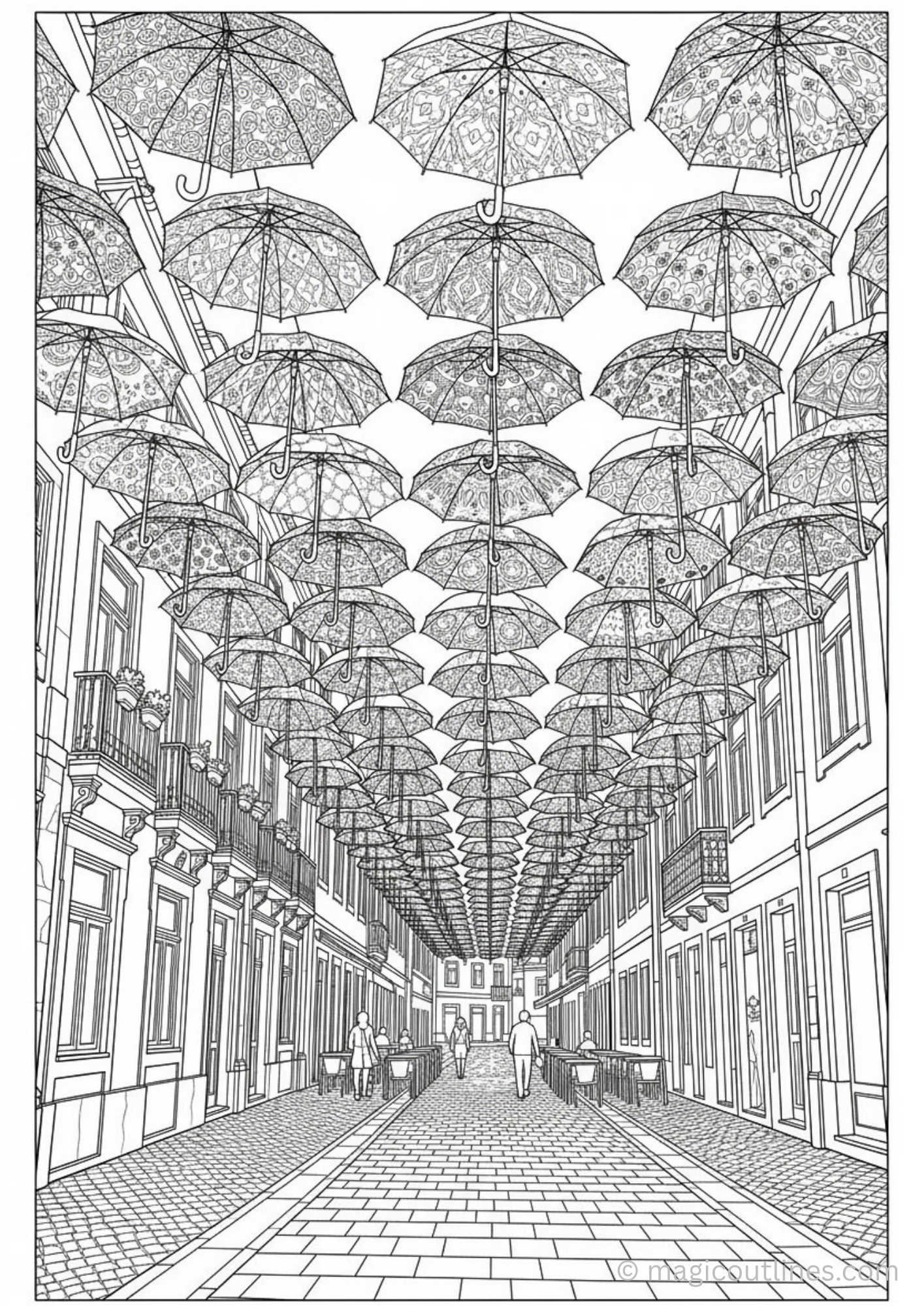 Umbrella street art coloring page with hanging umbrellas above a European street