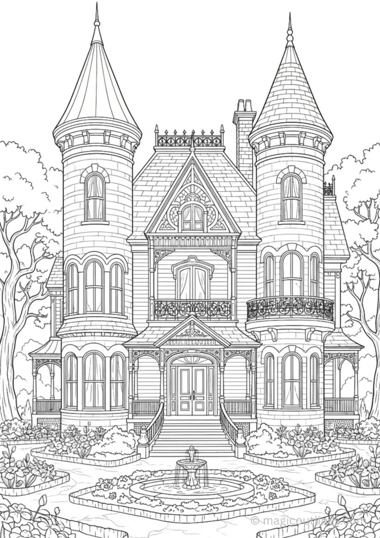 Victorian mansion coloring page featuring elegant towers, decorative windows, balconies, gardens, and detailed historic architecture.
