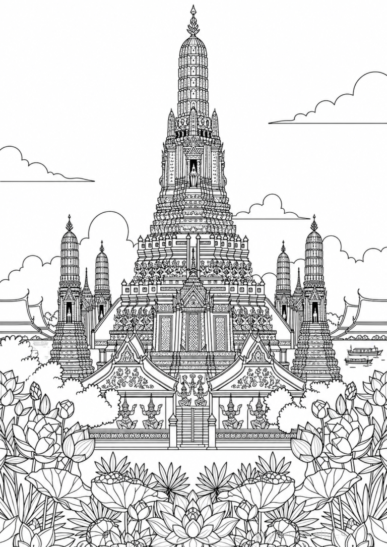 Detailed Wat Arun Temple coloring page printable for kids and adults