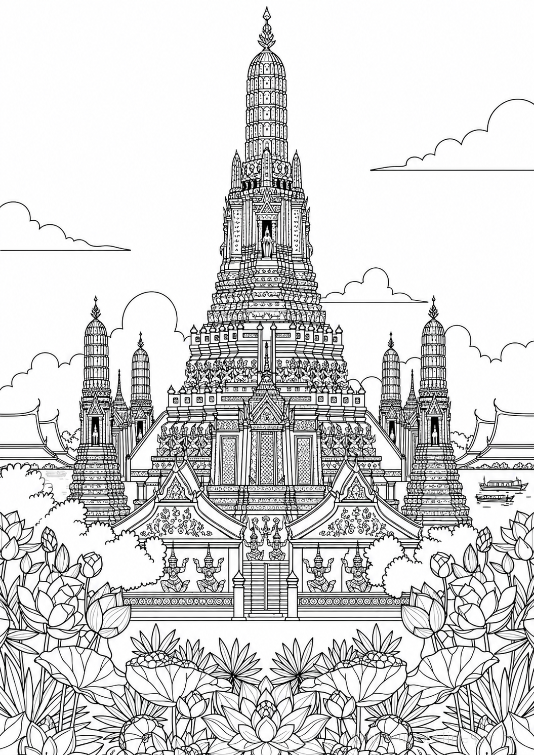 Detailed Wat Arun Temple coloring page printable for kids and adults
