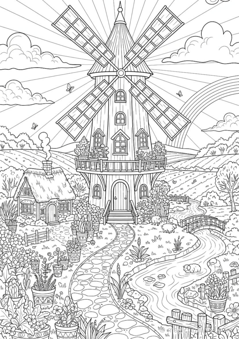 windmill cottage garden coloring page with rainbow and river