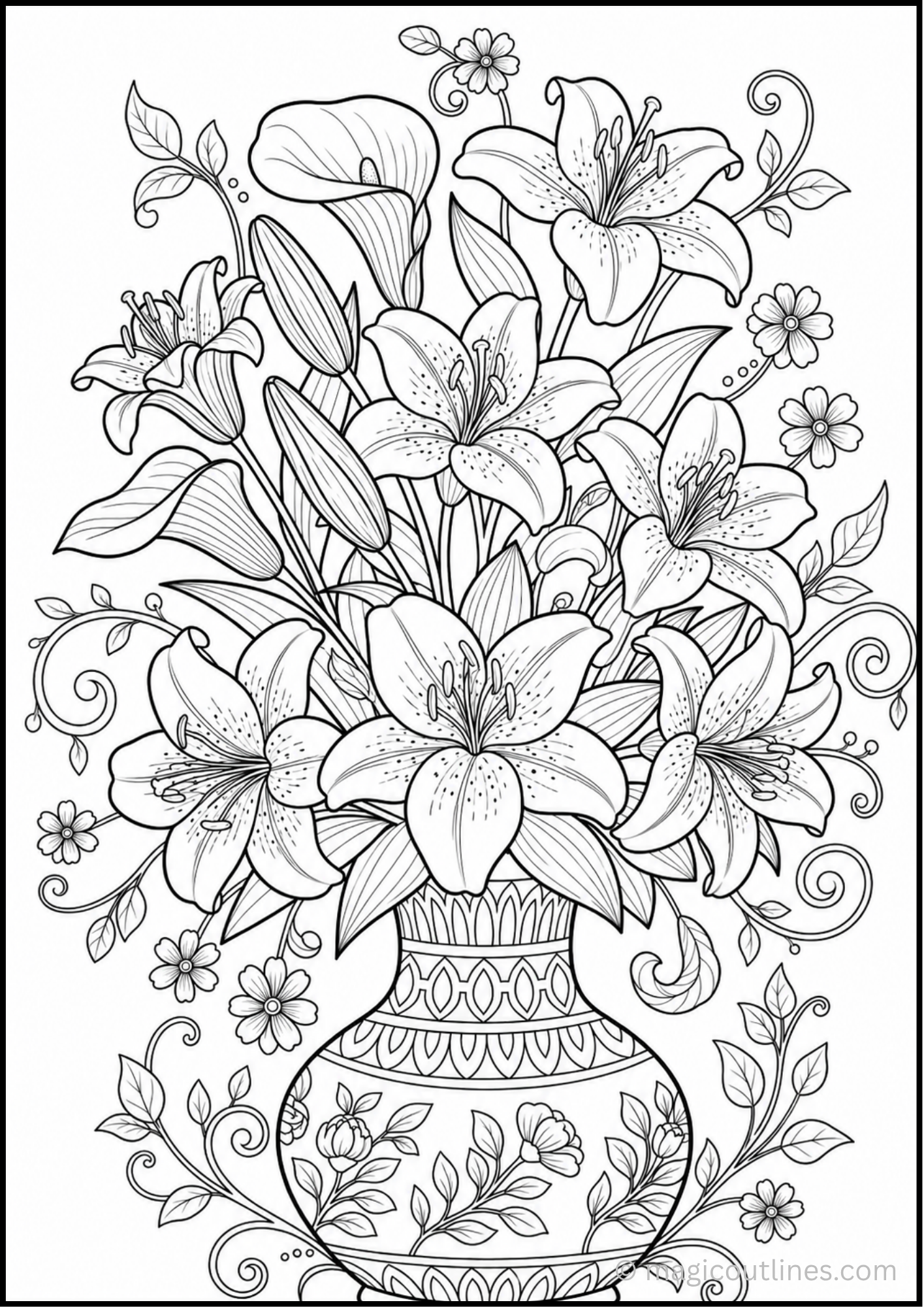 Detailed lily flower bouquet in a decorative vase with leaves, buds, and floral accents.