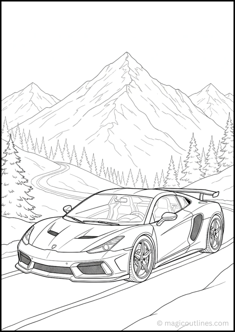 Sports car on a snowy mountain road winter coloring page