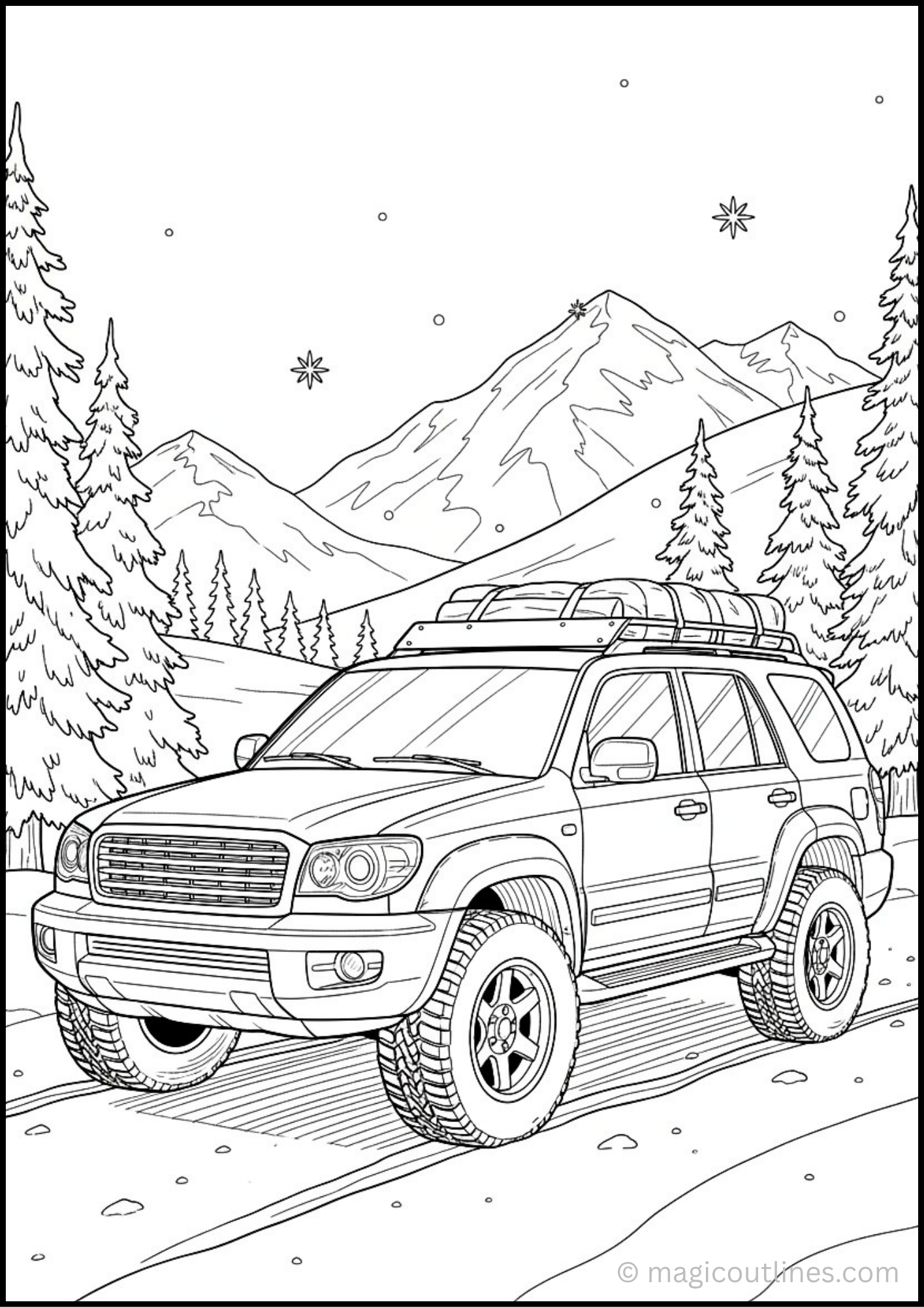 Adventure SUV driving through snowy mountains coloring page