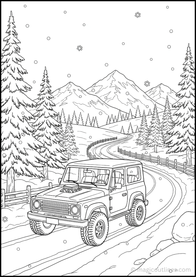Classic off-road vehicle on a snowy mountain road coloring page