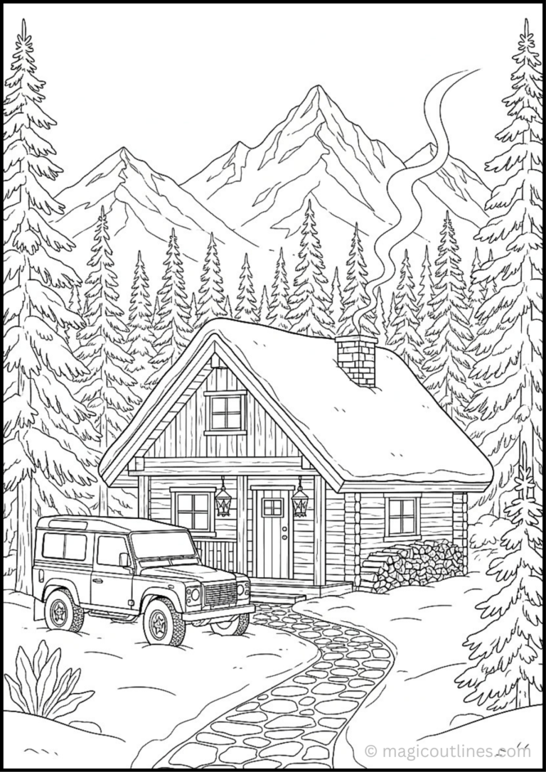 Car parked beside a cozy snowy cabin in the mountains coloring page