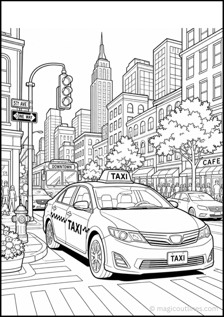 Taxi cab coloring page showing a taxi in a downtown city scene