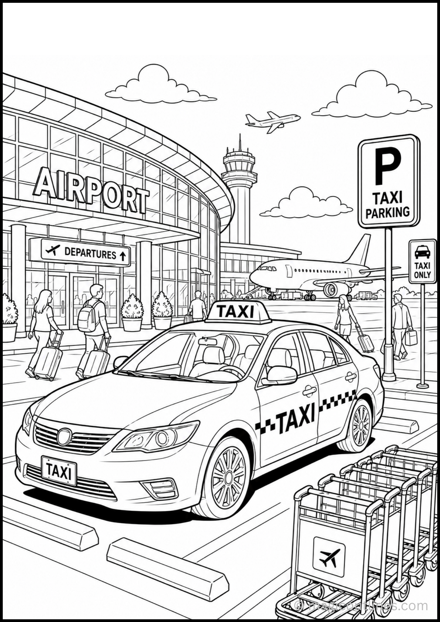 Printable taxi coloring page with taxi parked at airport terminal
