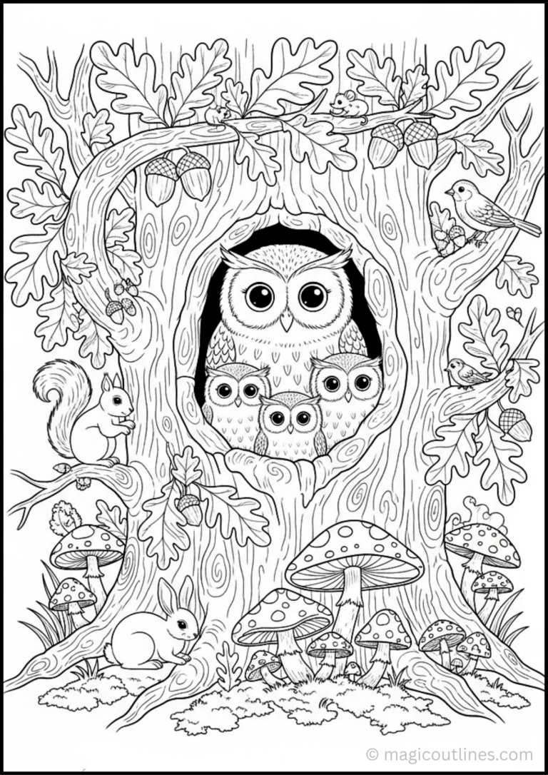Printable owl coloring pages featuring an owl family inside a tree hollow