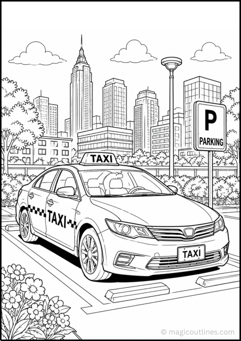 Taxi coloring pages showing a taxi parked in an urban parking lot