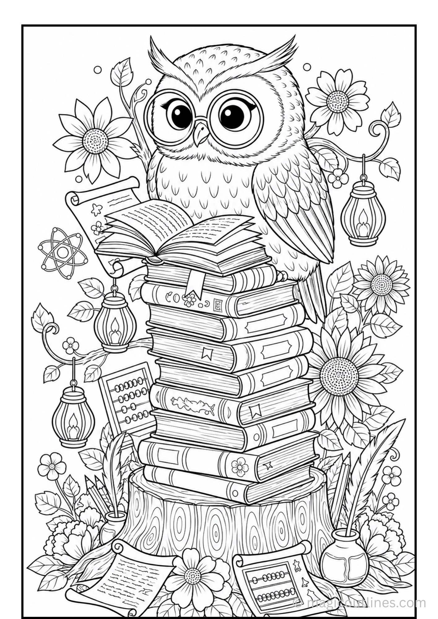 Owl coloring page with a wise owl sitting on a stack of books