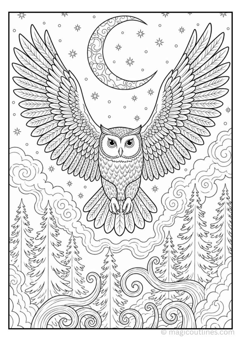 Flying owl coloring page with moon and stars in the night sky