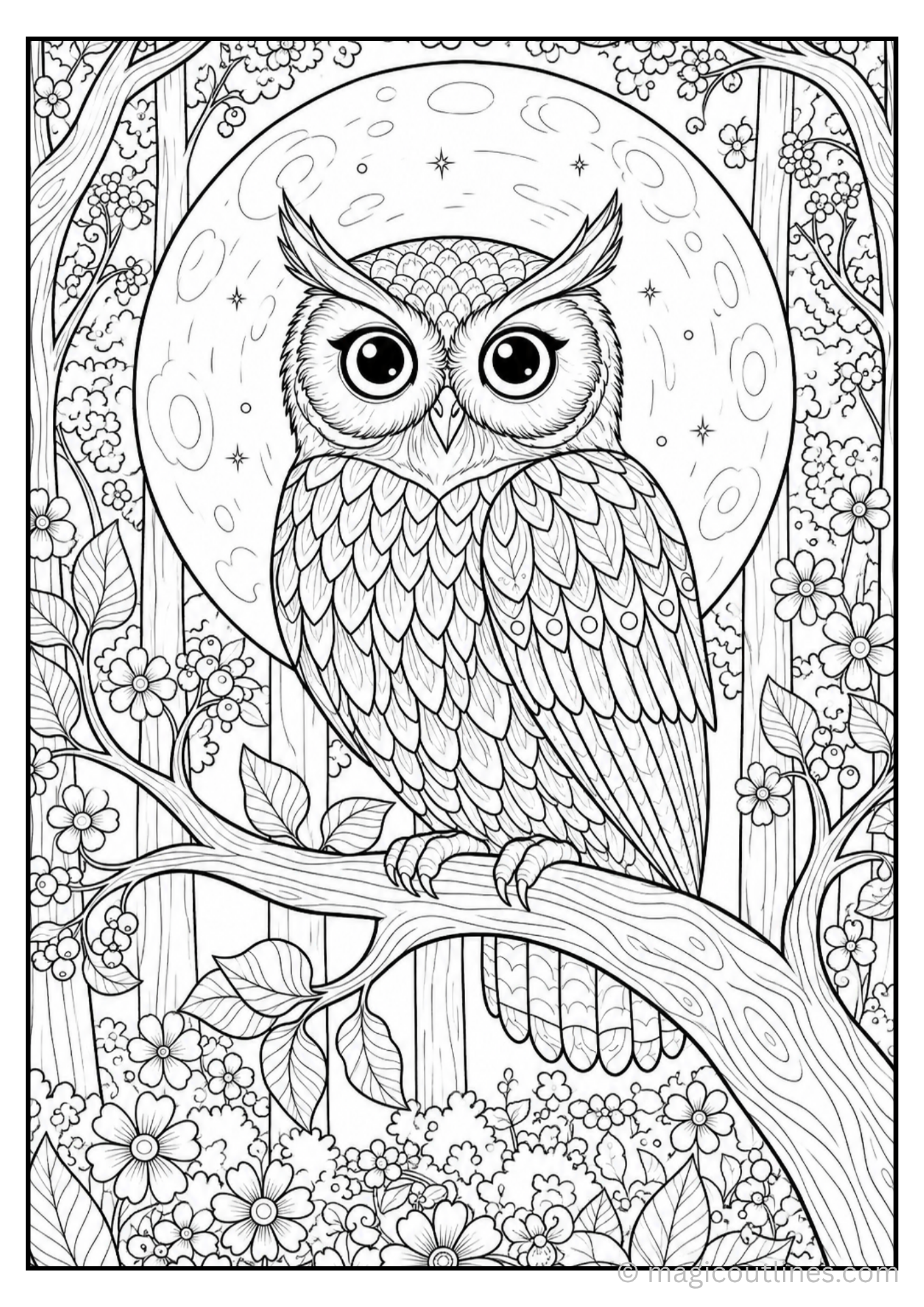 Printable owl coloring page showing an owl perched on a tree branch