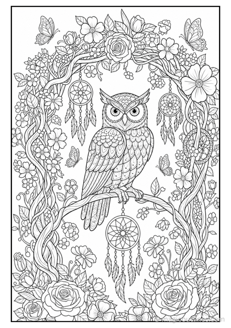 Owls coloring pages featuring a decorative owl with dreamcatchers and flowers