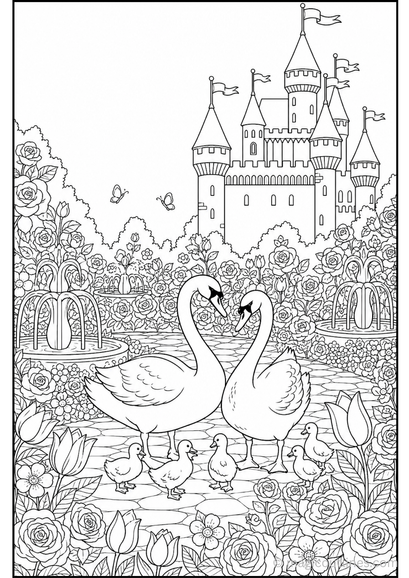 Free printable swan coloring pages featuring castles, lakes, gardens, and magical scenes for kids.