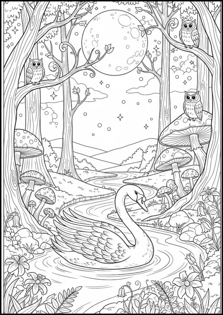 Coloring page of a swan swimming in a magical moonlit forest stream