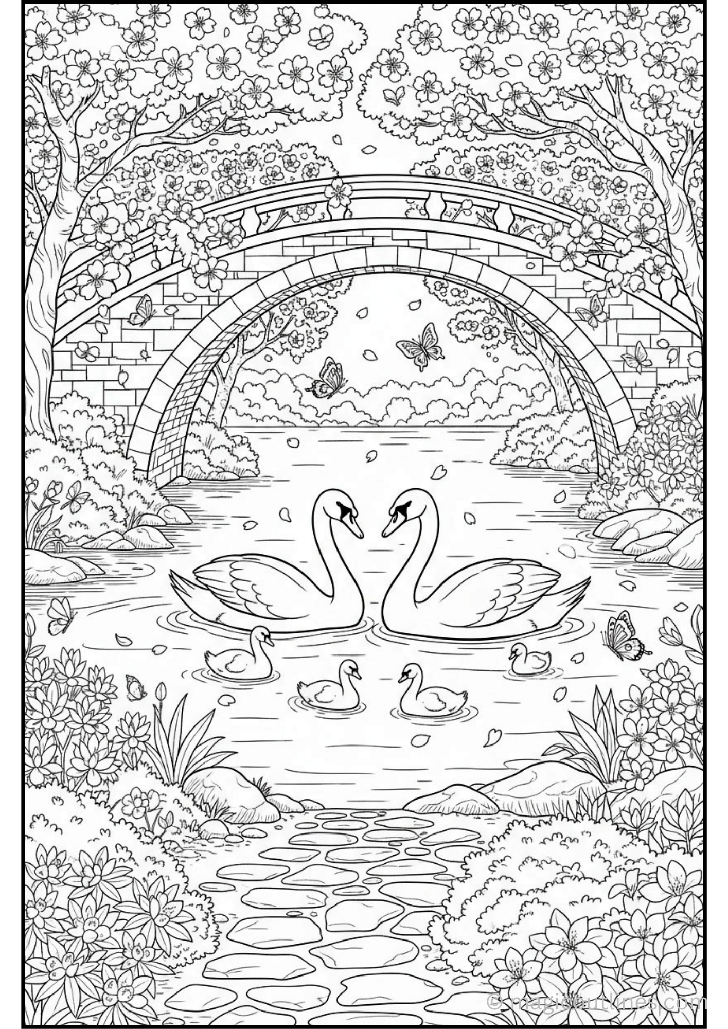 Swan lake coloring page featuring swans swimming beneath a flower-covered bridge