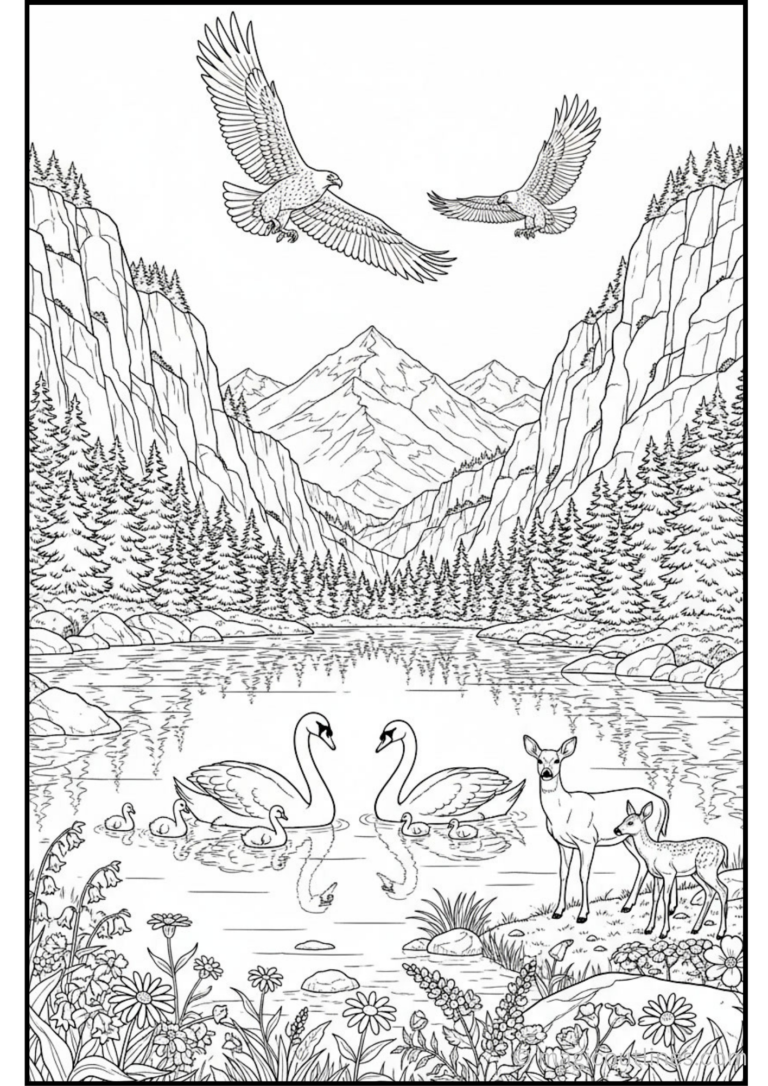 Coloring pages of swans featuring a swan family on a mountain lake