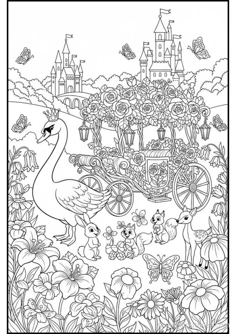 Swans coloring page featuring a princess swan beside a floral carriage