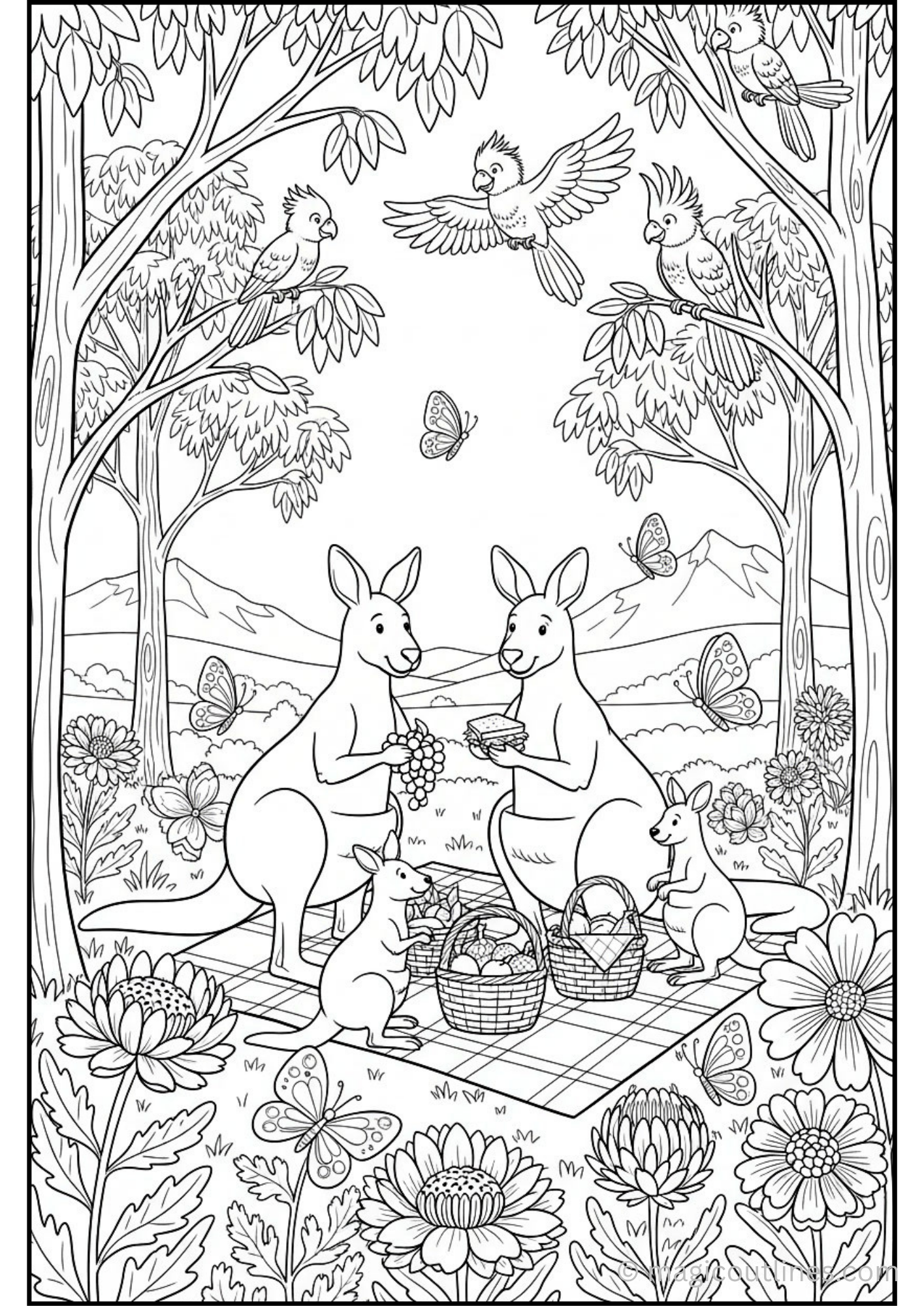 Kangaroo coloring pages featuring a family picnic surrounded by flowers and butterflies