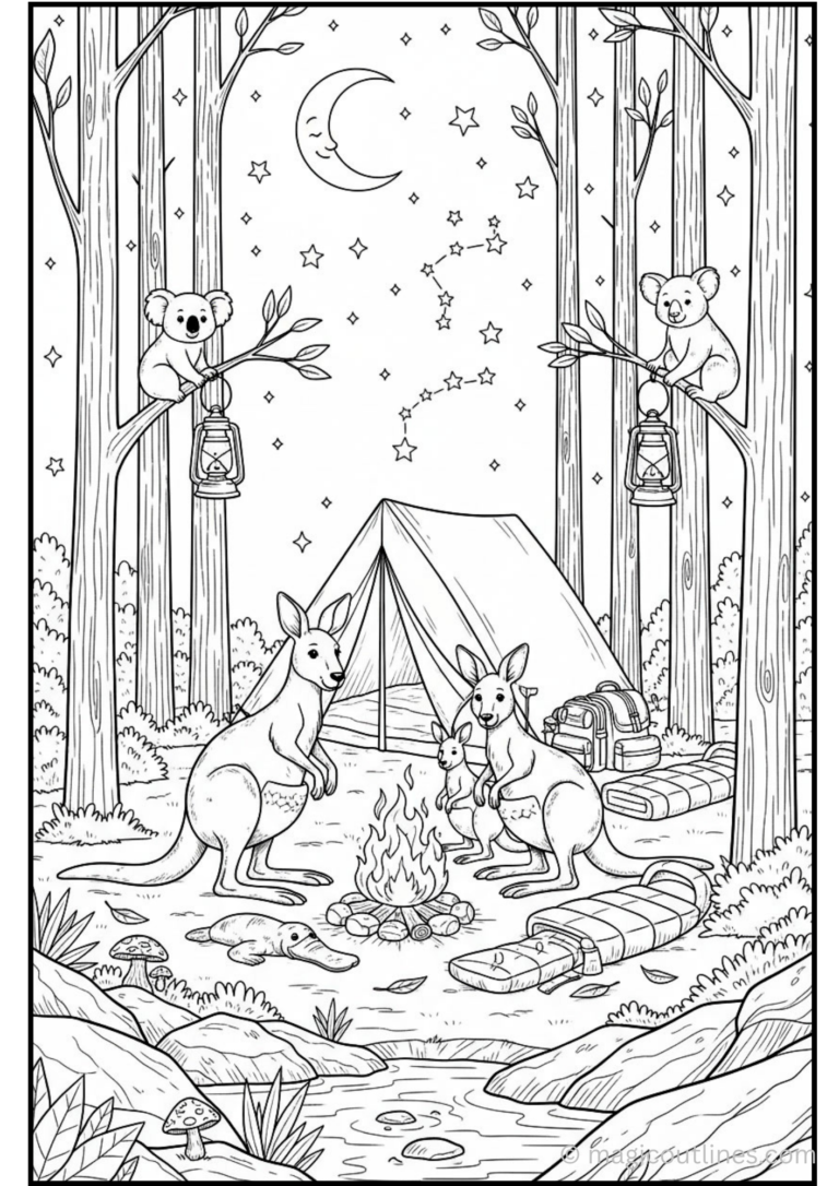 Printable kangaroo coloring pages showing kangaroos camping beside a campfire