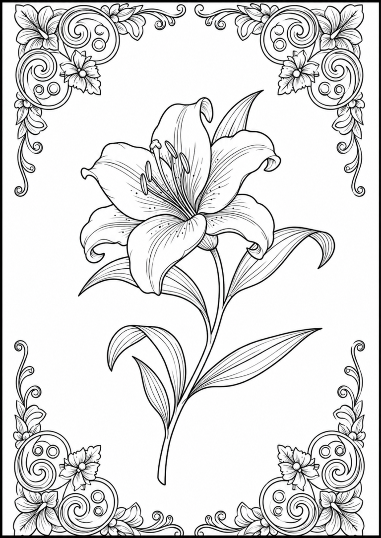 Single blooming lily flower surrounded by decorative floral corner borders.