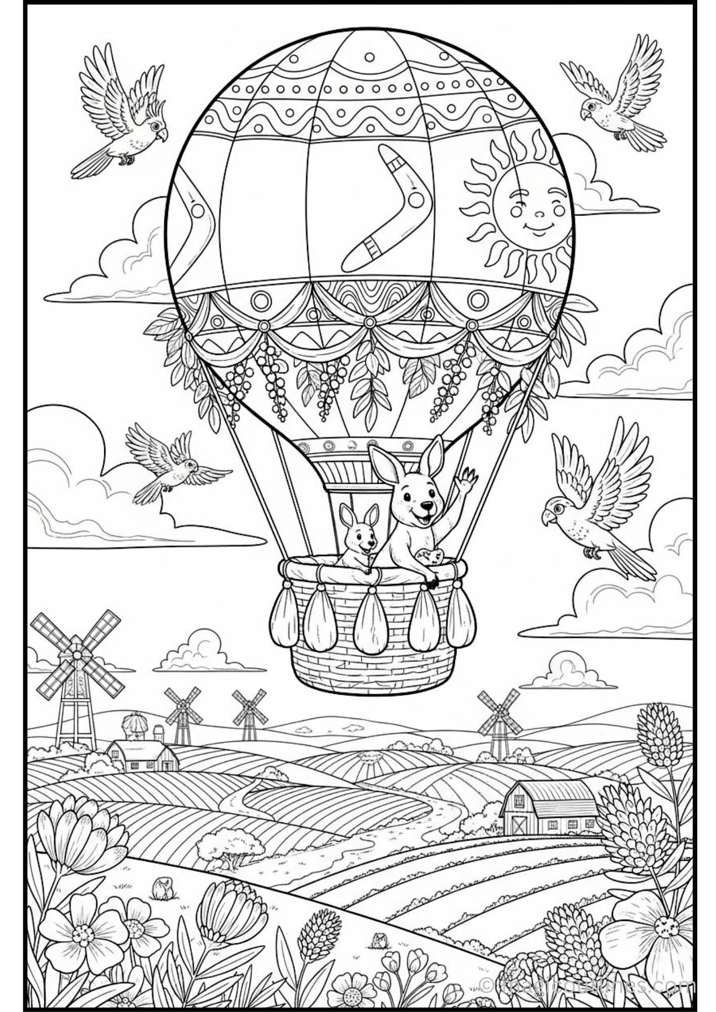 Kangaroo color page featuring kangaroos riding in a hot air balloon