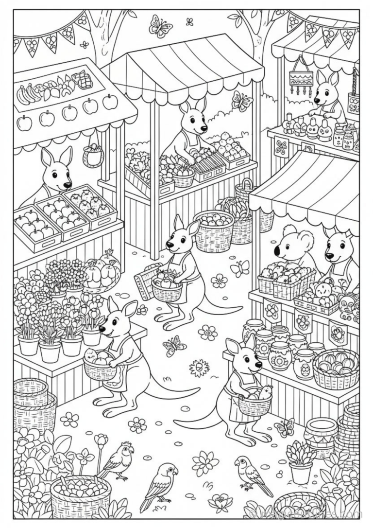 Coloring pages of kangaroos selling fruits flowers and goods at a farmers market