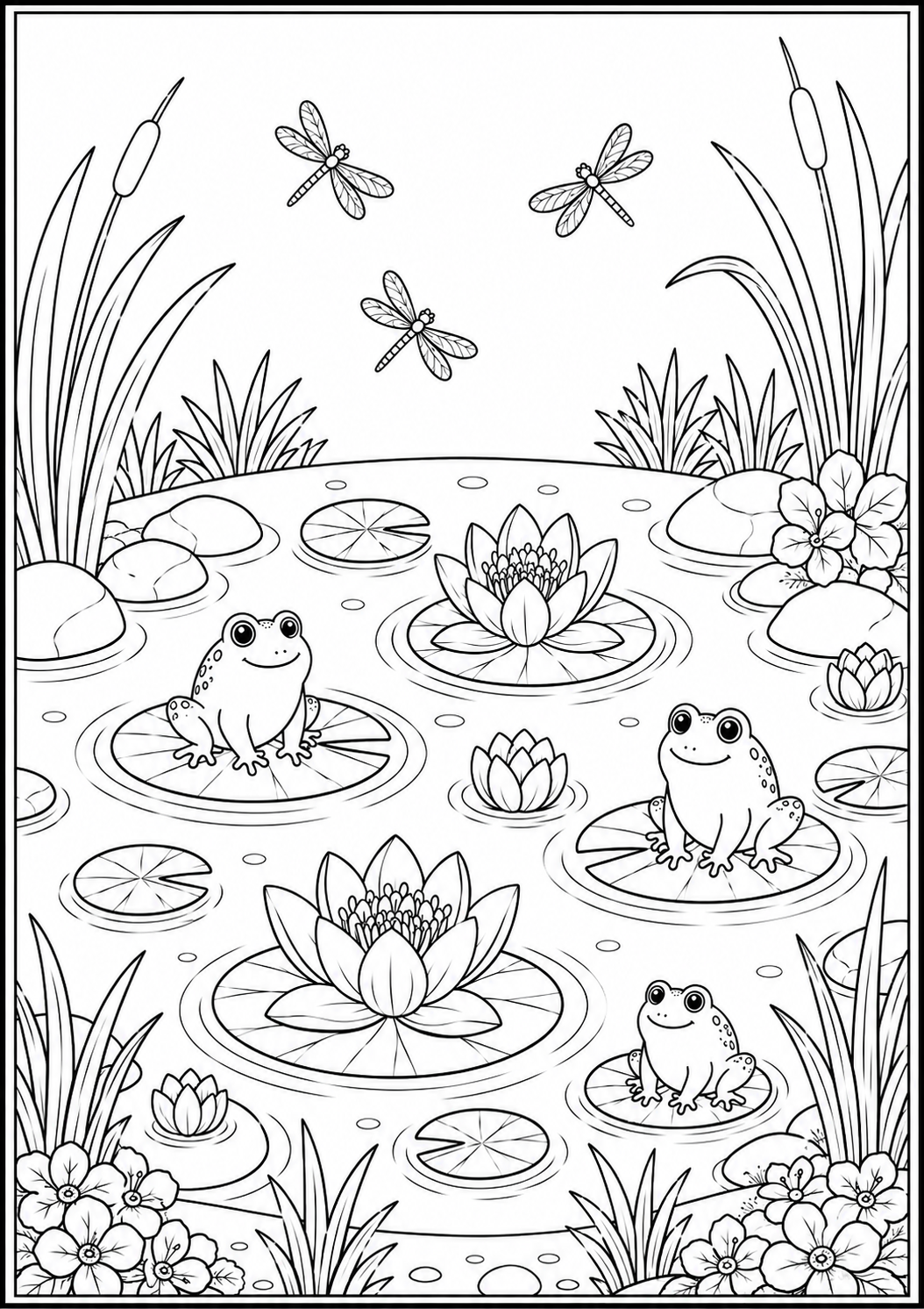 Water lily pond coloring page with frogs, lily pads, dragonflies, flowers, and pond plants.