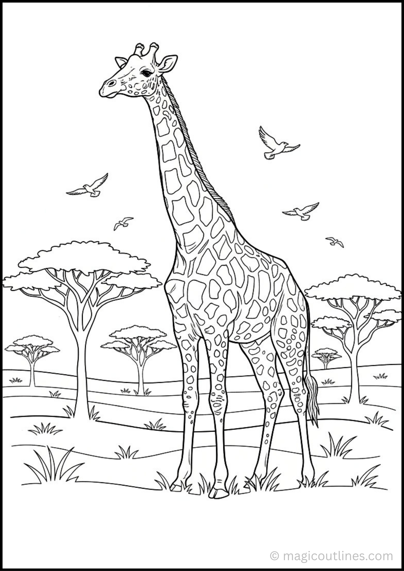 Giraffe coloring page showing a tall giraffe standing in the African savannah with acacia trees.