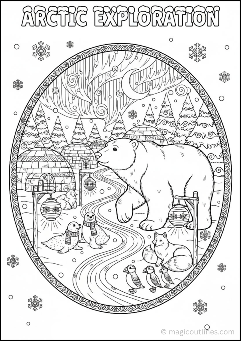 : Polar bear exploring an Arctic village coloring page for kids