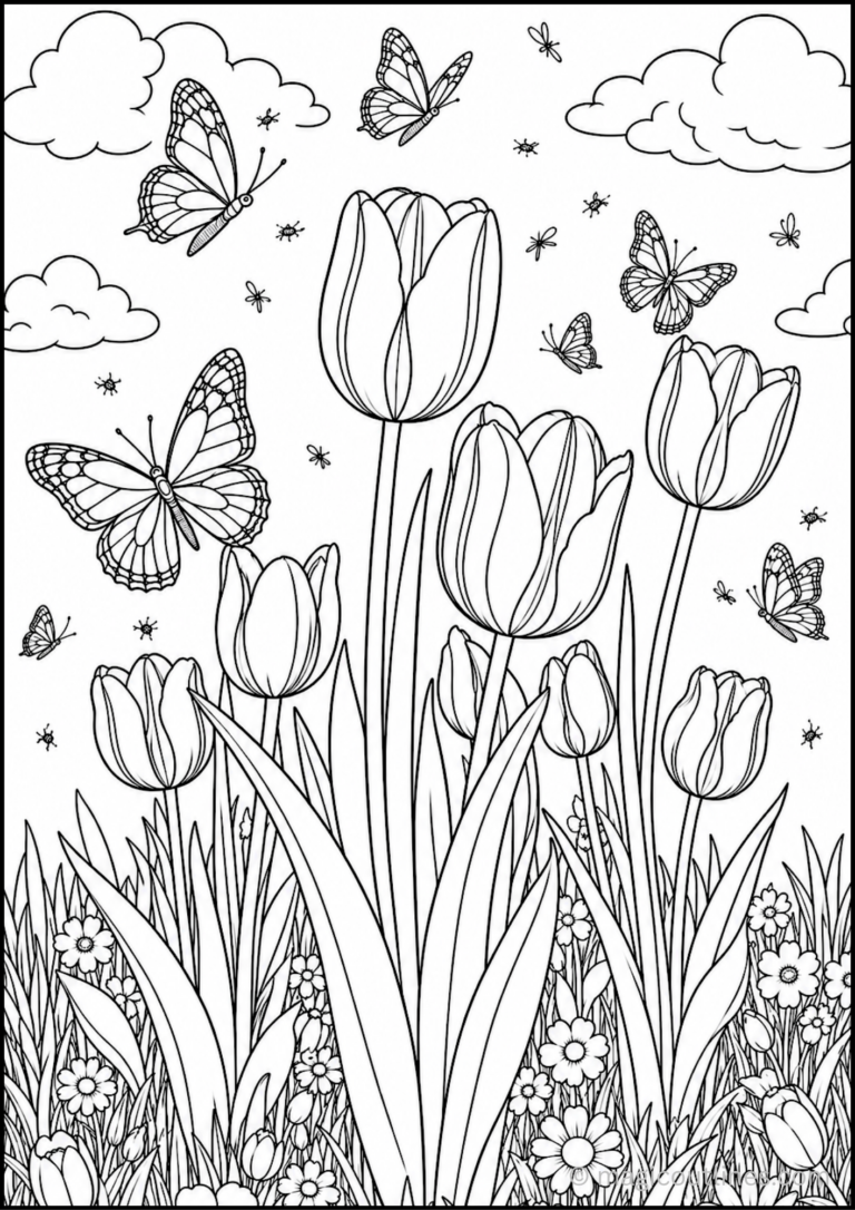 Tall tulip flowers surrounded by butterflies, wildflowers, and spring meadow scenery coloring page.