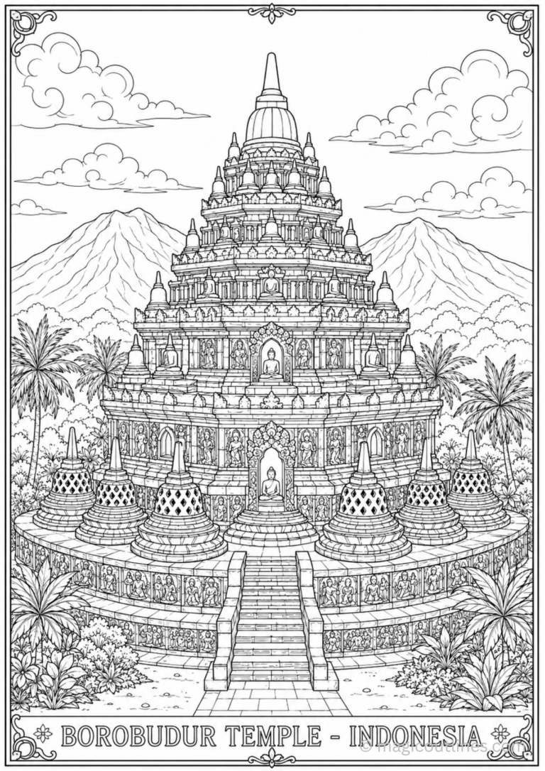 Detailed Borobudur Temple coloring page with Buddhist architecture and tropical landscape line art