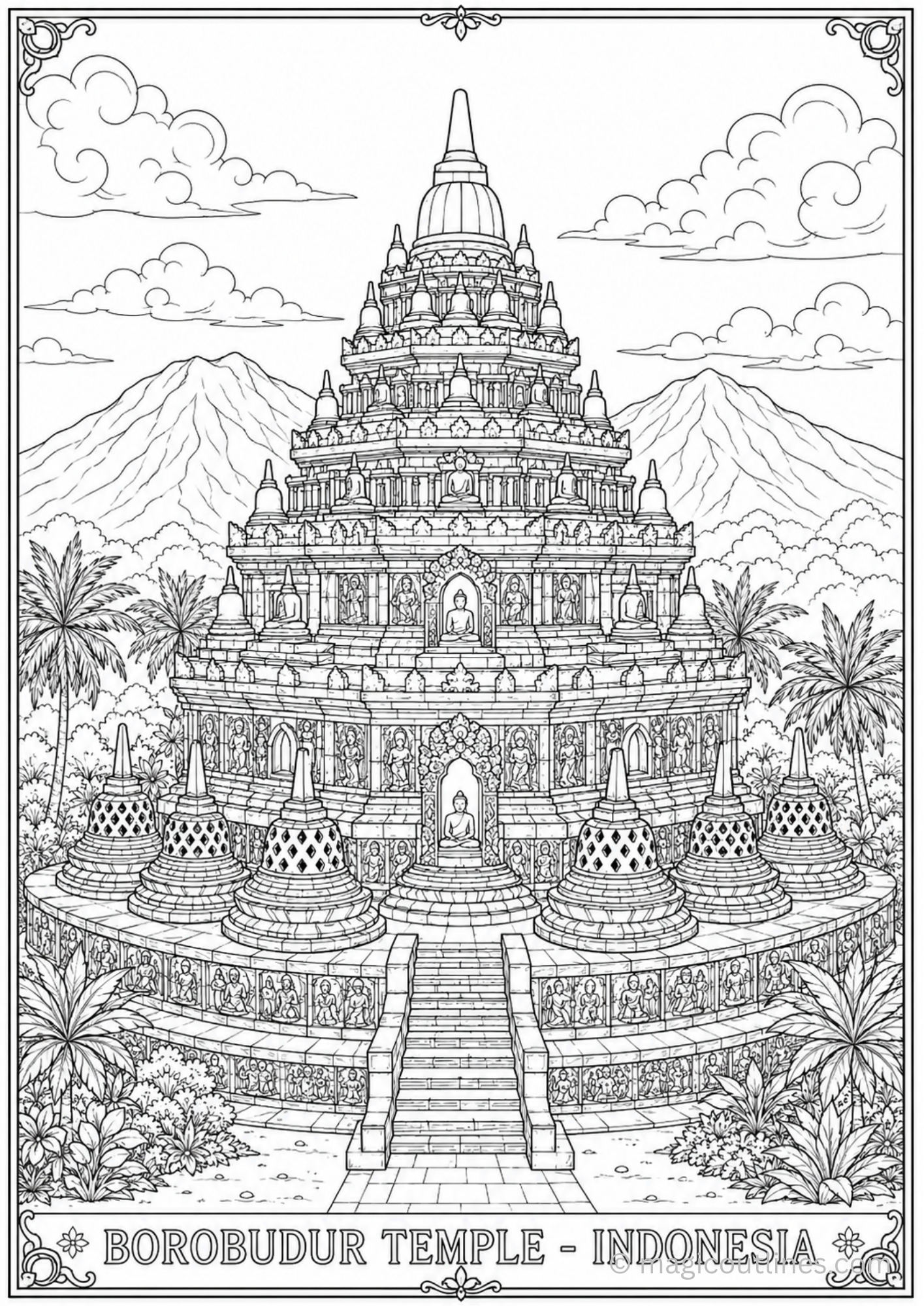 Detailed Borobudur Temple coloring page with Buddhist architecture and tropical landscape line art