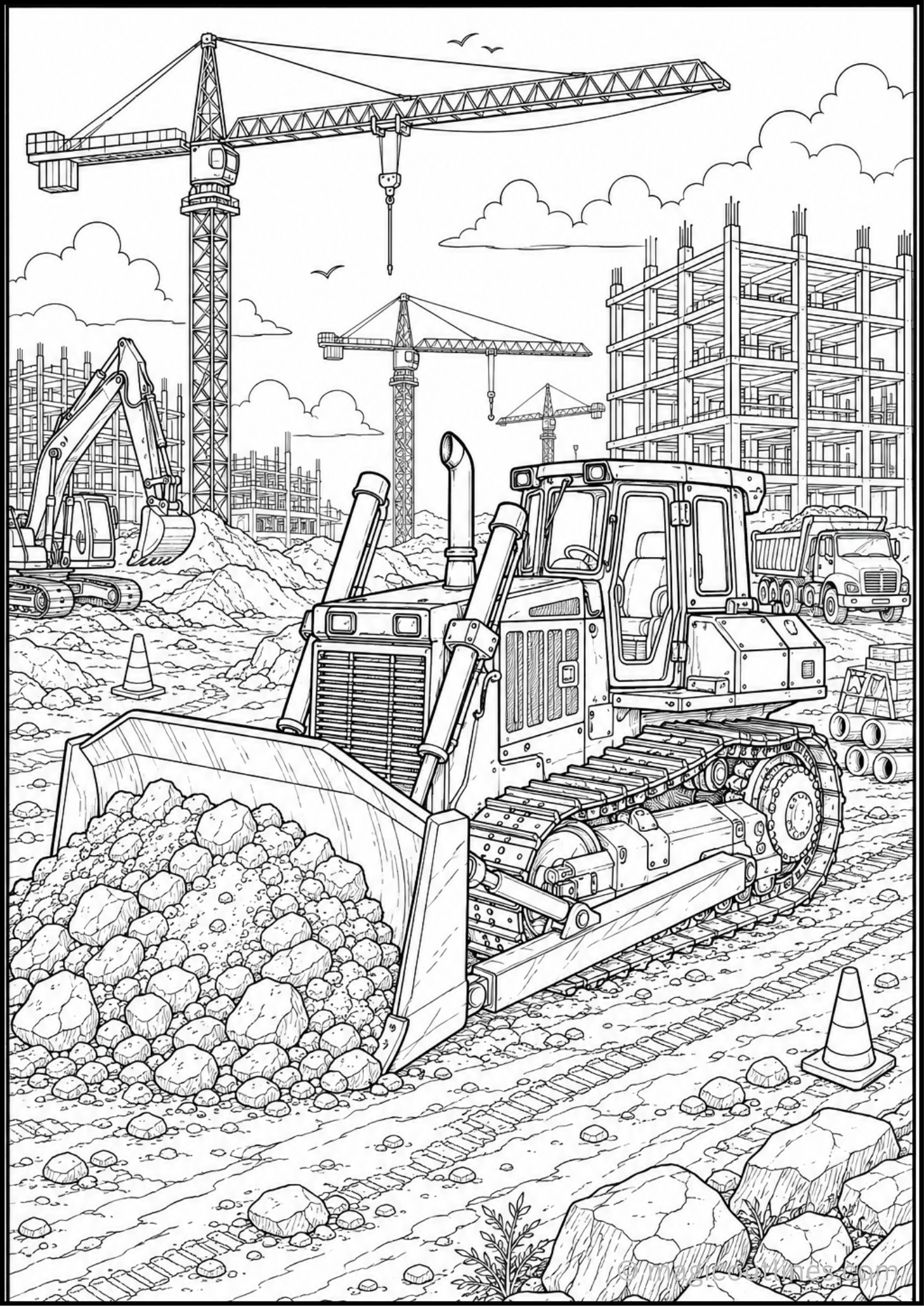 Bulldozer Coloring Pages showing a construction bulldozer pushing soil and rocks at a busy construction site