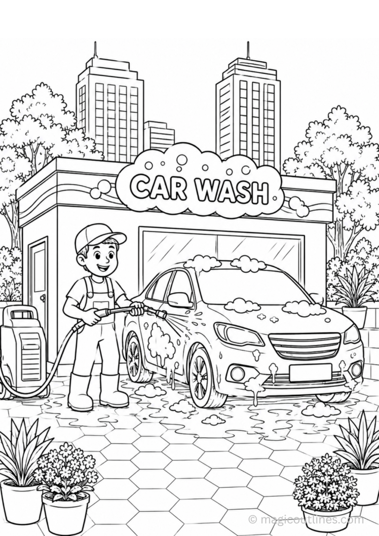 Car wash coloring page printable showing a worker washing a car outside a car wash station.