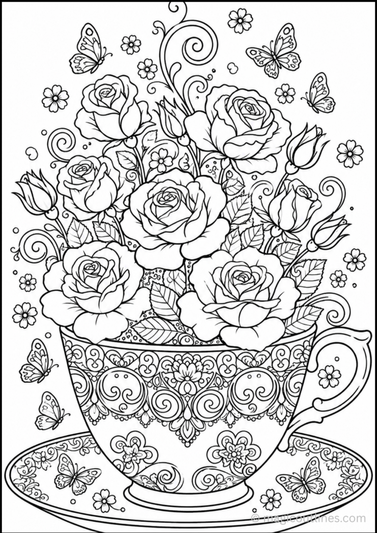 Color pages roses featuring blooming roses arranged inside a decorative vintage teacup.