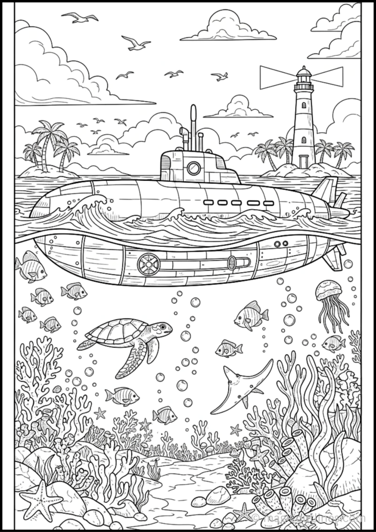 Coloring page of a submarine floating half above water and half underwater with sea life below.