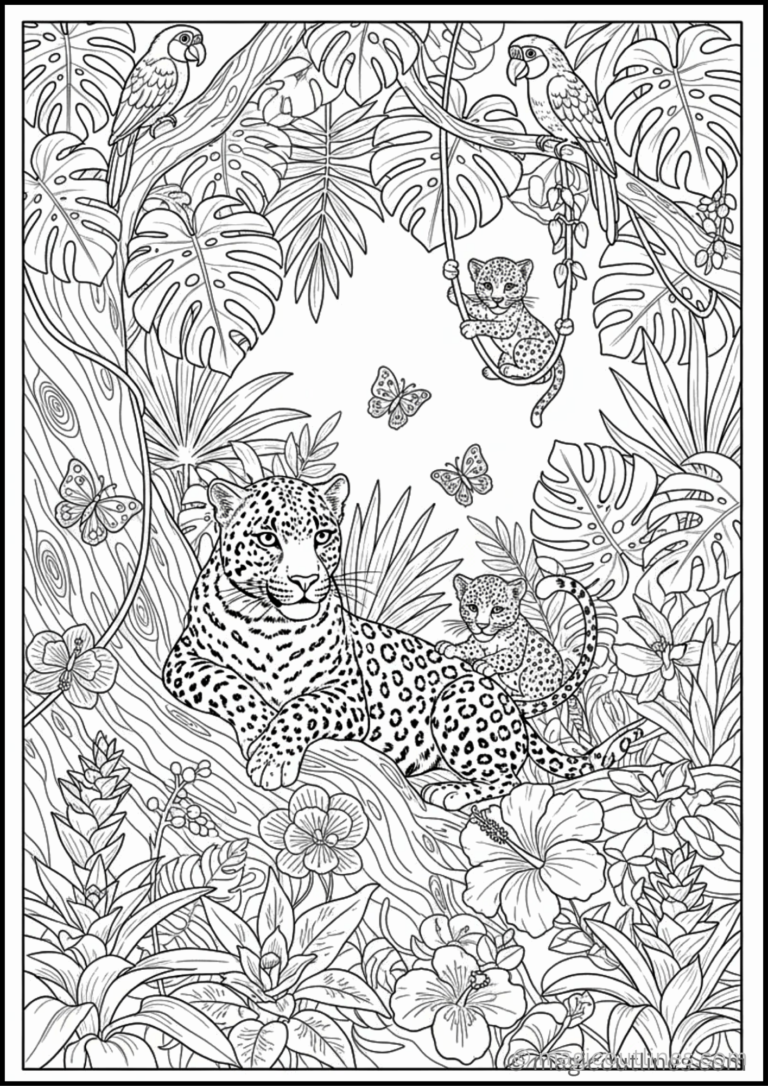 Coloring pages leopard featuring a leopard family surrounded by tropical plants, parrots, butterflies, and jungle flowers.