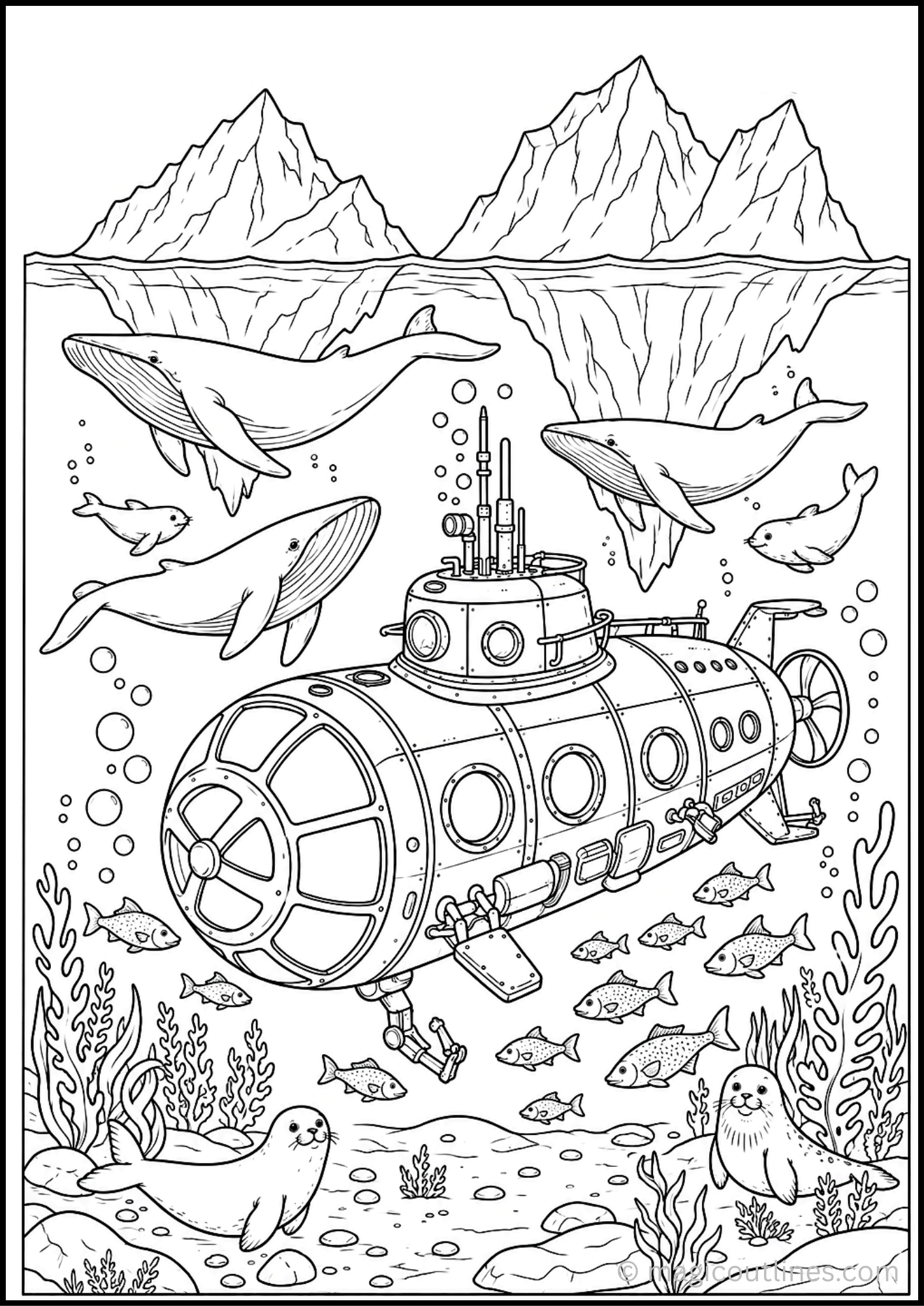 Coloring pages submarine scene with whales, seals, icebergs, and an exploration submarine.