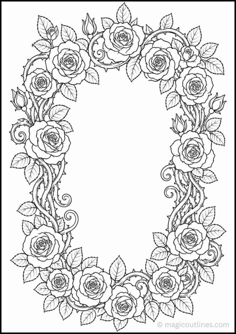 Coloring pages for roses featuring an elegant decorative floral frame made of roses and vines.