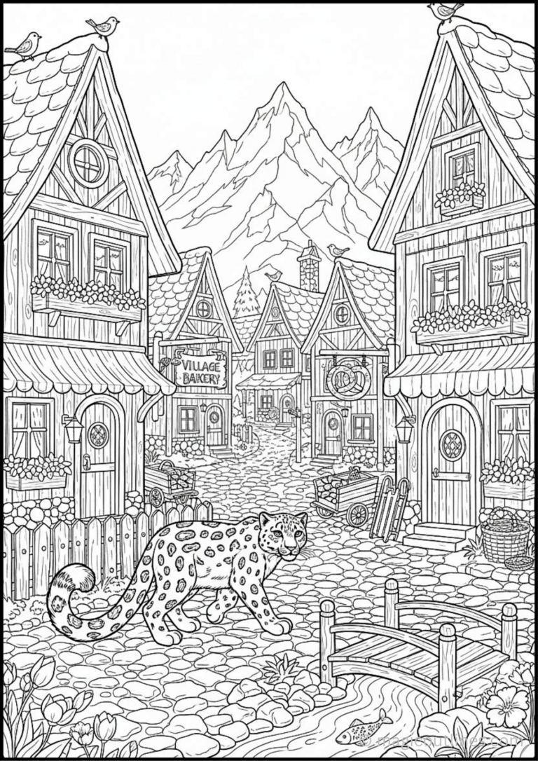 Coloring pages of leopards featuring a leopard walking through a charming mountain village with cottages and cobblestone streets.