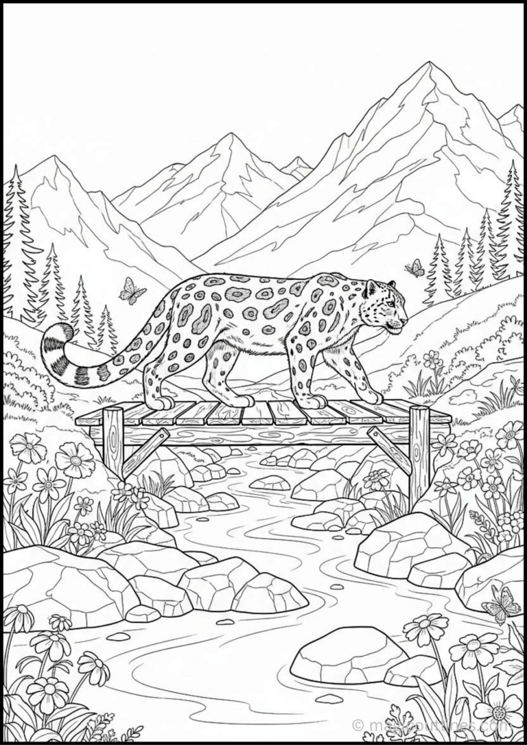 Coloring pages of a leopard featuring a leopard walking across a rustic wooden bridge over a mountain stream.